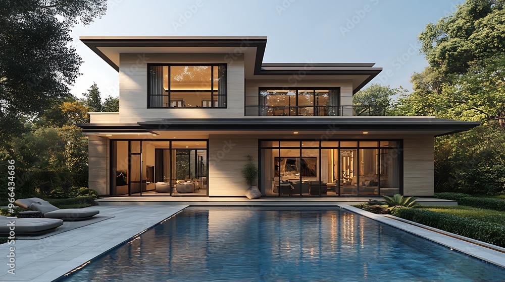 Modern two-story home with a swimming pool and lush landscaping. Modern two-story home with a swimming pool and lush landscaping.