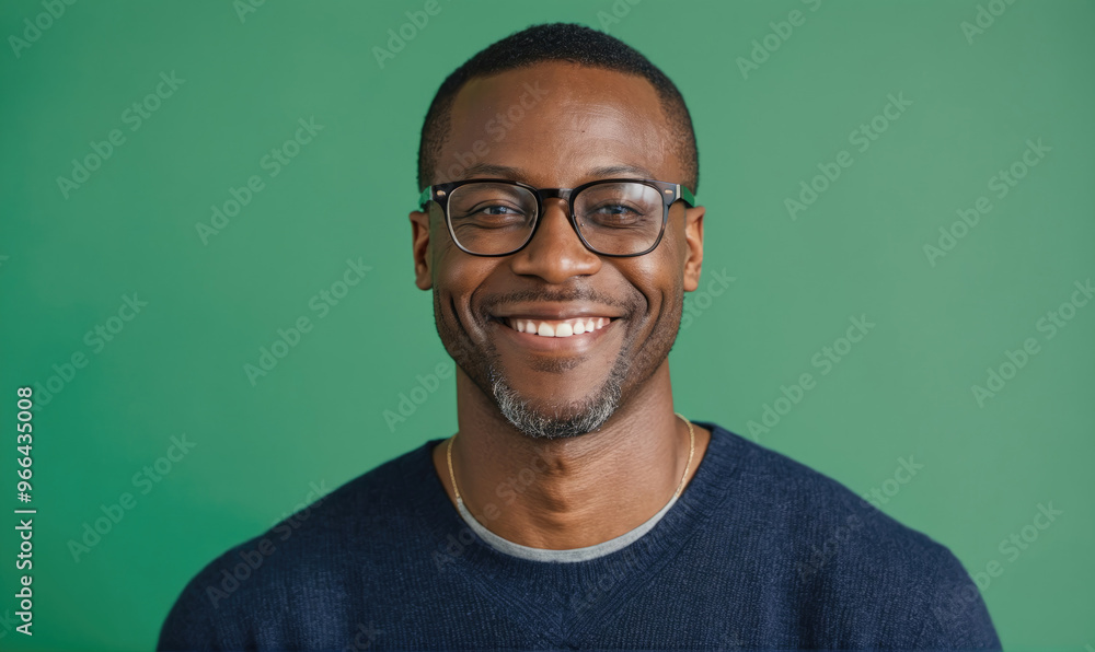 Obraz premium A man wearing glasses smiles in front of a green background