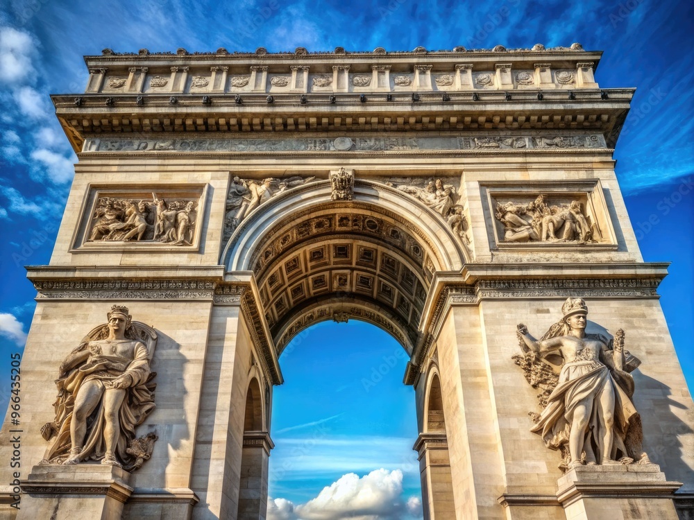 Obraz premium Grand stone arch monument in Paris, France, ornate with sculptures and reliefs, symbolizing military victories and national pride, under a warm blue sky.