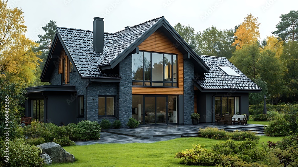 Modern house with a large patio, surrounded by lush greenery. Modern house with a large patio, surrounded by lush greenery.