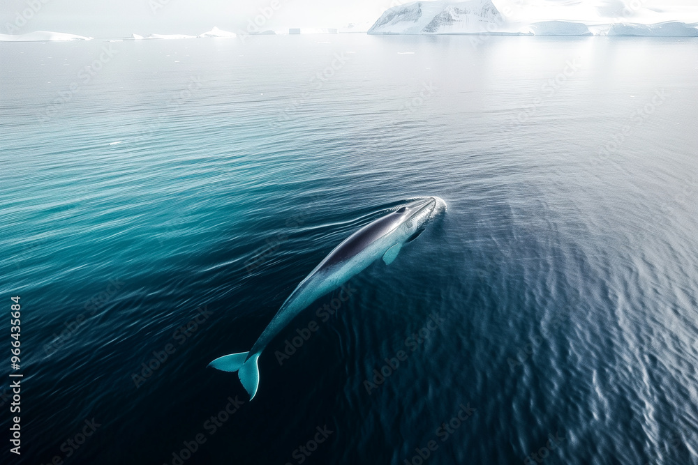 Naklejka premium Humpback wale Visible on the surface of the ocean water as it rises to the surface to catch air and descends back to the ocean floor in the polar zone. Endangered species in extinction climate change.