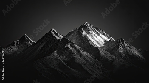 High contrast black and white image of rugged mountain range with dramatic shadows and highlights on a solid black background