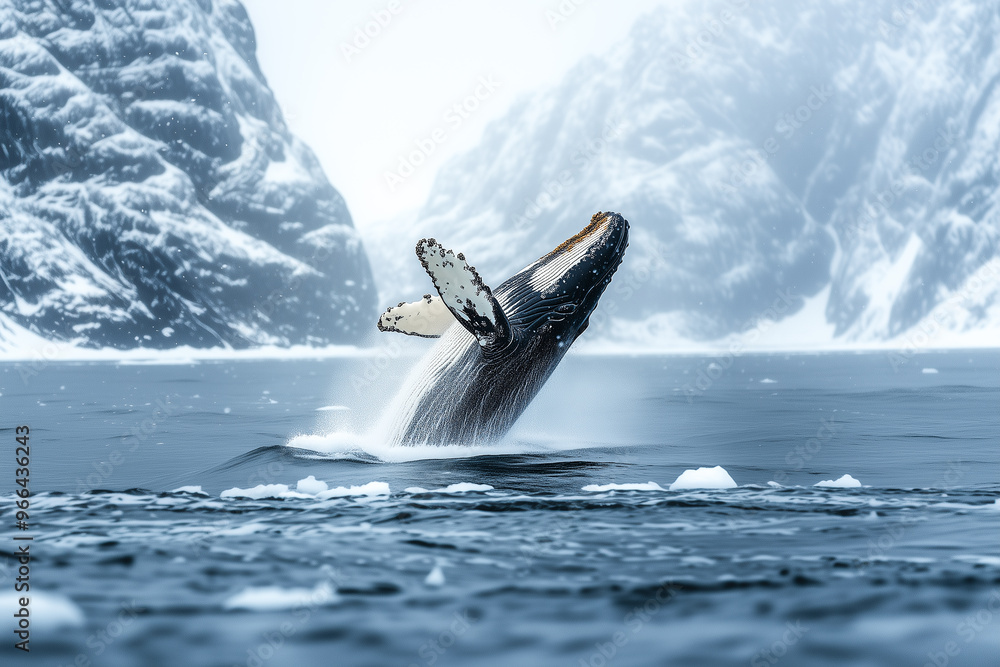 Fototapeta premium Humpback wale Jumping over the ocean sea water where you come out of the water and in the background you can see the entire frozen landscape with ice islands. Climate change, endangered species. AI