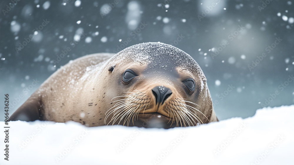 Obraz premium Close-up portrait of snowy Arctic seal resting on snow. Endangered species due to climate change. AI