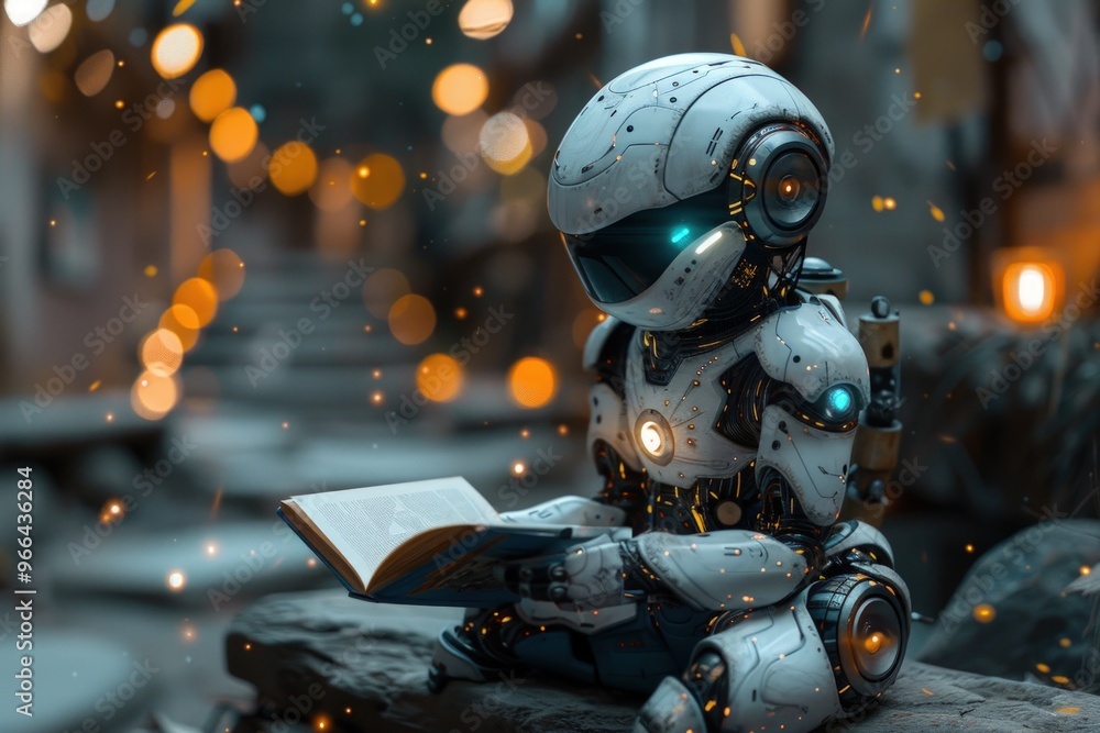 A small, white robot sits on a rock, reading a book in a futuristic city. A small, white robot sits on a rock, reading a book in a futuristic city.