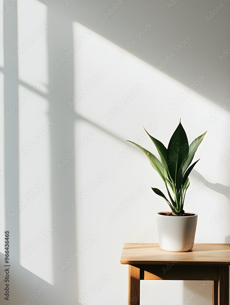 A potted plant is positioned atop a sturdy wooden table, creating a simple and earthy display in a room setting