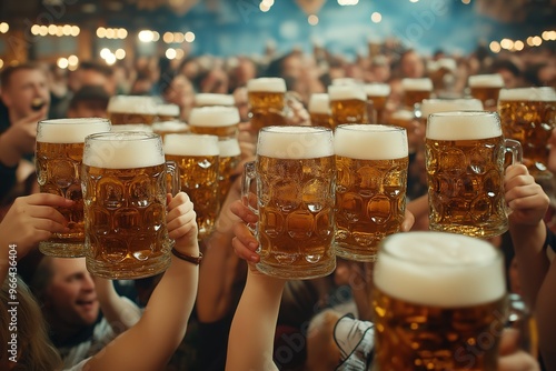 Crowd cheers with beer in festive Oktoberfest tent