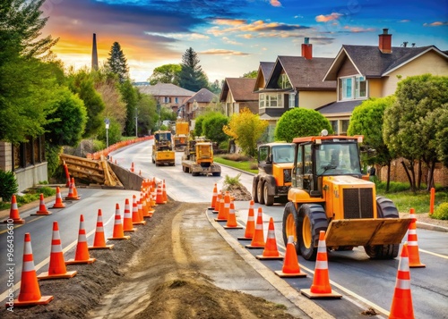 Heavy construction equipment and orange cones line a closed roadway, surrounded by residential properties, as roadwork modifies a busy street in a suburban area. photo