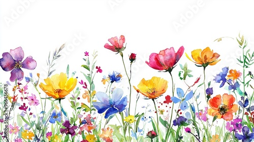  Watercolor field of colorful flowers on white background, blue sky