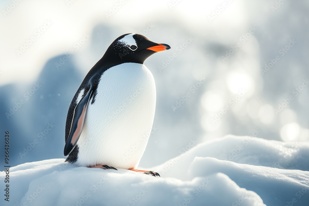 Obraz premium Close-up portrait of penguin on a piece of ice near sea water. Endangered species climate change . IA