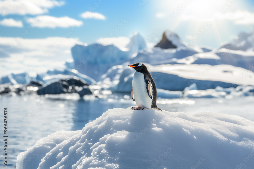 Obraz premium Frozen landscape of the North Pole of the Earth with penguin on ice island at the edge of it ocean sea water. Endangered species climate change. AI