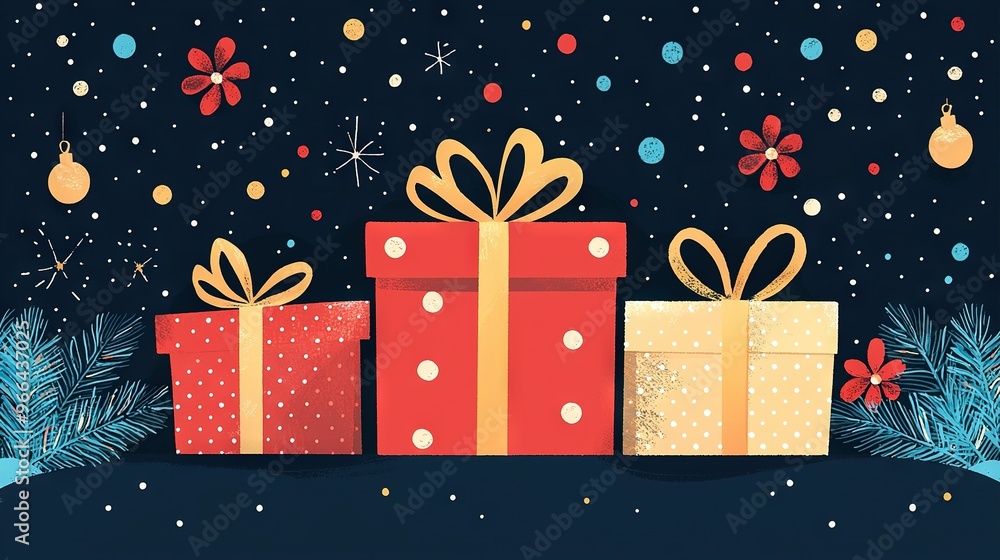 A group of Christmas presents on top of a pile under a snowy sky with twinkling stars and falling snowflakes A group of Christmas presents on top of a pile under a snowy sky with twinkling stars and falling snowflakes