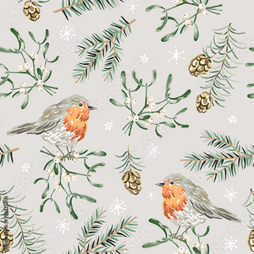 Christmas seamless pattern, robin birds, pine, fir twigs, cones, mistletoe, snowflakes, beige background. Vector illustration. Nature design. Season greeting. Winter holidays