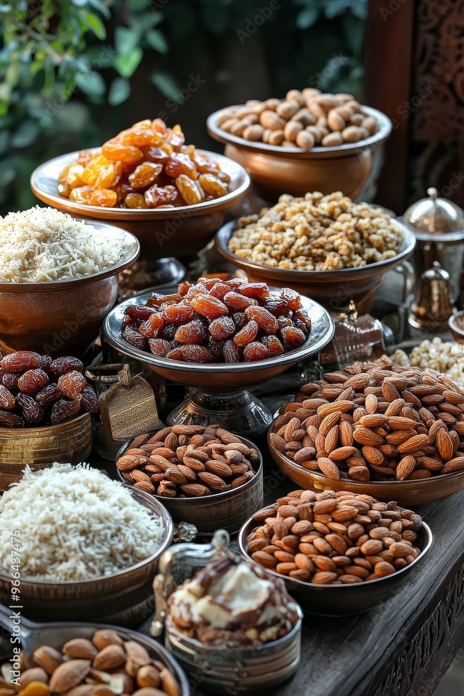 A vibrant display of assorted dry fruits and sweets at a festive table in the afternoon light A vibrant display of assorted dry fruits and sweets at a festive table in the afternoon light