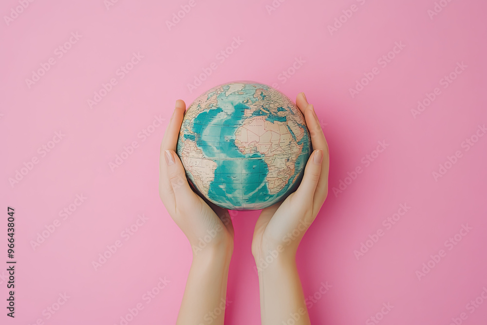 © Prime Lens - Hands holding a globe on a solid pink background © Prime Lens - Hands holding a globe on a solid pink background