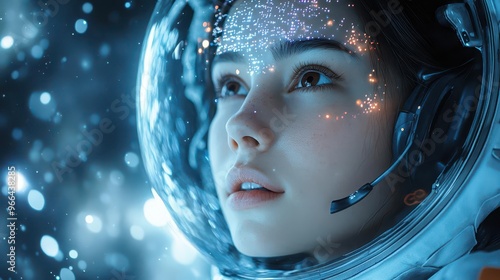 futuristic female astronaut in sleek spacesuit holographic hud display communicating via advanced headset floating in zero gravity against backdrop of distant galaxies