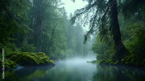 Peaceful Shot of a River Winding Through a Fog-Covered Forest with Moss-Covered Trees Overhanging the Water