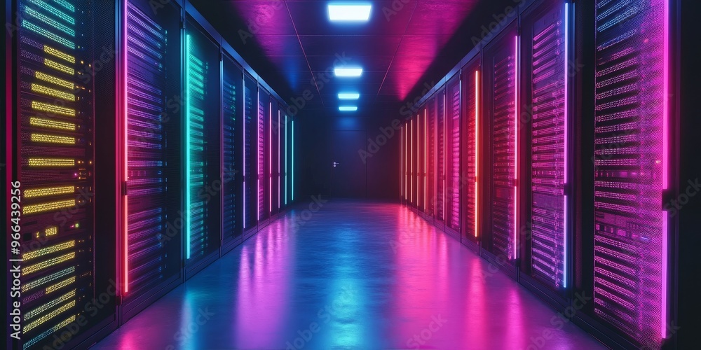 Fototapeta premium Colorful neon locks illuminate a dark wall, representing security and protection in the digital age