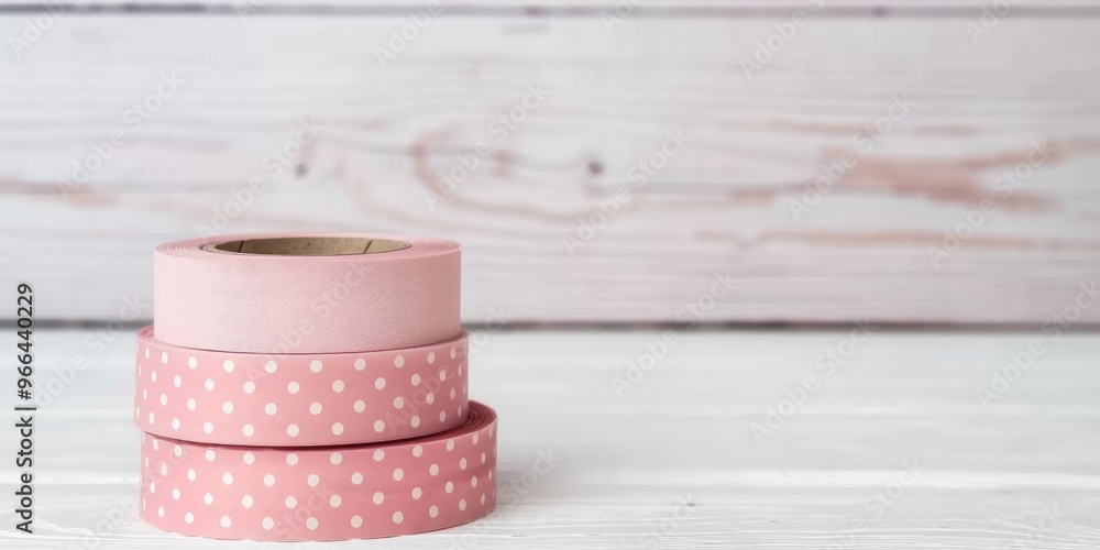 Pink washi tape rolls for cute stationery arrangement on a white wooden table side view Pink washi tape rolls for cute stationery arrangement on a white wooden table side view