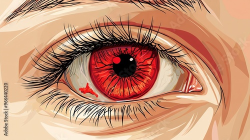   Close-up of an eye, with a red iris and a red pupil centered inside it photo