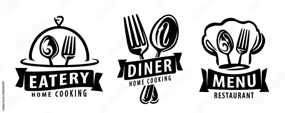 Set of symbols and badges for restaurant or cafe menu. Eatery, diner emblem. Food service concept Set of symbols and badges for restaurant or cafe menu. Eatery, diner emblem. Food service concept