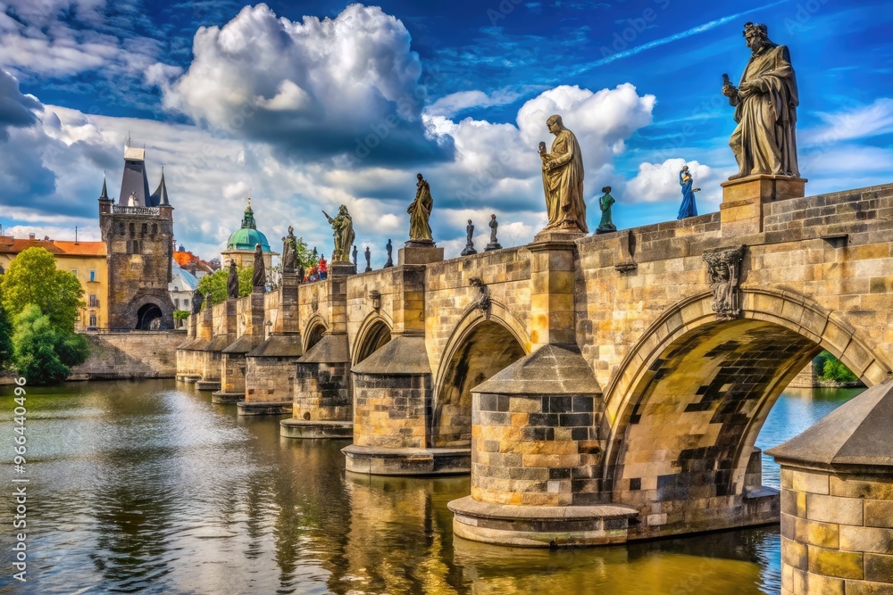 Historic stone bridge with statues of saints lined up along its length, spanning the Vltava River in the heart of the Czech Republic's capital city. Historic stone bridge with statues of saints lined up along its length, spanning the Vltava River in the heart of the Czech Republic's capital city.