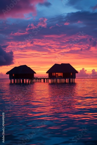 Beautiful sunset over water bungalows in a serene tropical location during twilight