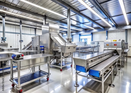 Hygiene-focused stainless steel food processing equipment, including conveyor belts, metal detectors, and automated sorting machines, in a modern, well-lit industrial facility.