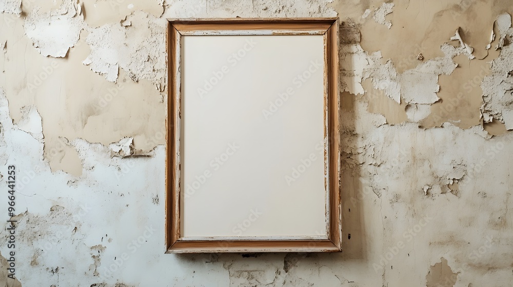 Blank Canvas with Wooden Frame on Textured, Peeling Beige Wall – Ideal for Art Mockups, Industrial Interior Designs, or Vintage Aesthetic Projects Blank Canvas with Wooden Frame on Textured, Peeling Beige Wall – Ideal for Art Mockups, Industrial Interior Designs, or Vintage Aesthetic Projects