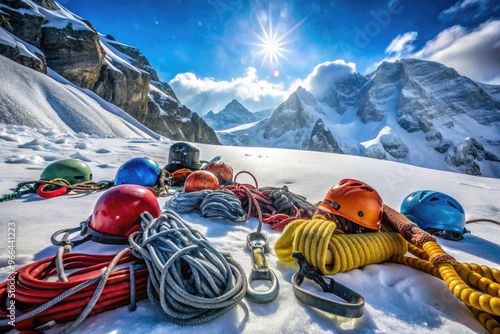 Ice climbing gear laid out on snow, including crampons, ropes, harnesses, and helmets, against a frosty mountain backdrop with snowflakes gently falling. photo