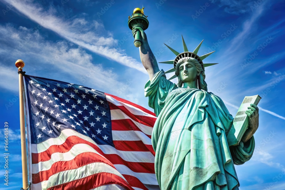 Obraz premium Iconic copper statue of freedom stands proudly with majestic American flag waving in the foreground, set against a clear blue New York City sky.