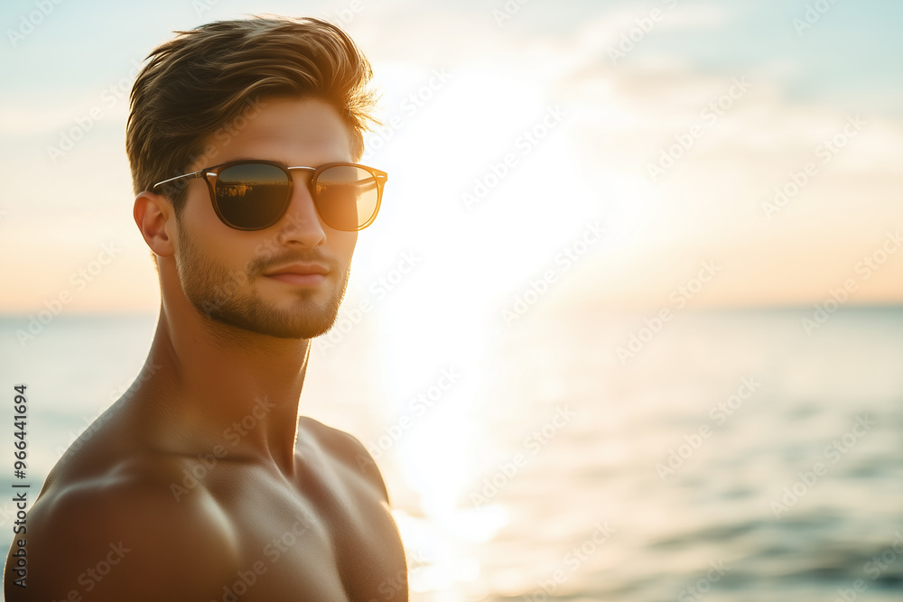 Portrait of a happy smiling middle-aged guy ecstatic with happiness on the beach having a sunset in the background with a flash of sun on the horizon of the sea. IA Portrait of a happy smiling middle-aged guy ecstatic with happiness on the beach having a sunset in the background with a flash of sun on the horizon of the sea. IA