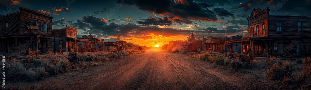 An old western town at sunset with dusty streets and vintage buildings An old western town at sunset with dusty streets and vintage buildings