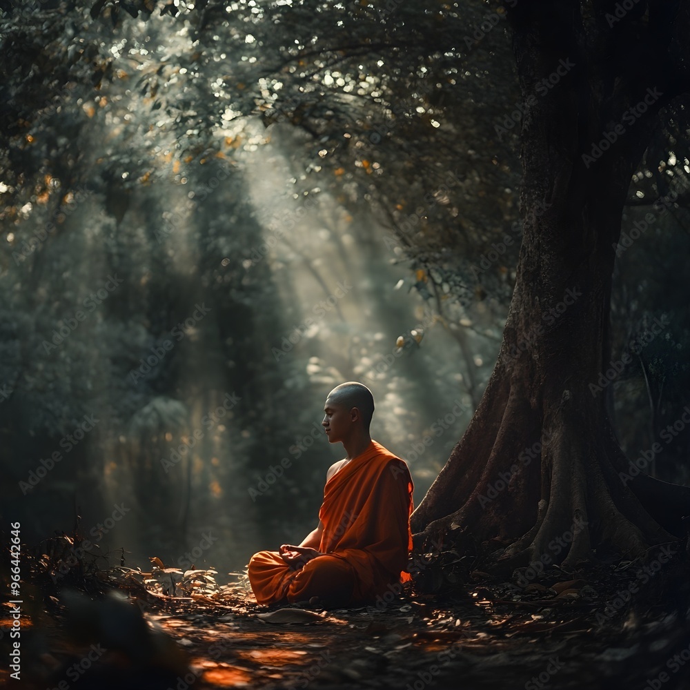 Buddhist Monk Meditating in the Forest Buddhist Monk Meditating in the Forest