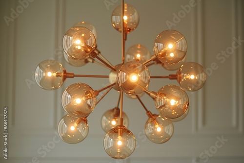 Modern gold chandelier with amber glass globes.