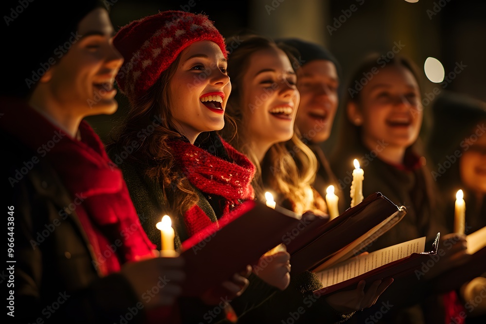 Christmas Caroling - Group of people, holding candles and songbooks, singing with cheerful expressions Christmas Caroling - Group of people, holding candles and songbooks, singing with cheerful expressions