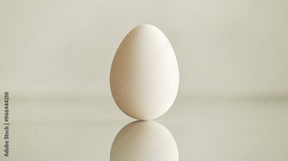 A single pristine white egg on a reflective white surface, highlighting its smooth, glossy finish and elegant simplicity. A single pristine white egg on a reflective white surface, highlighting its smooth, glossy finish and elegant simplicity.