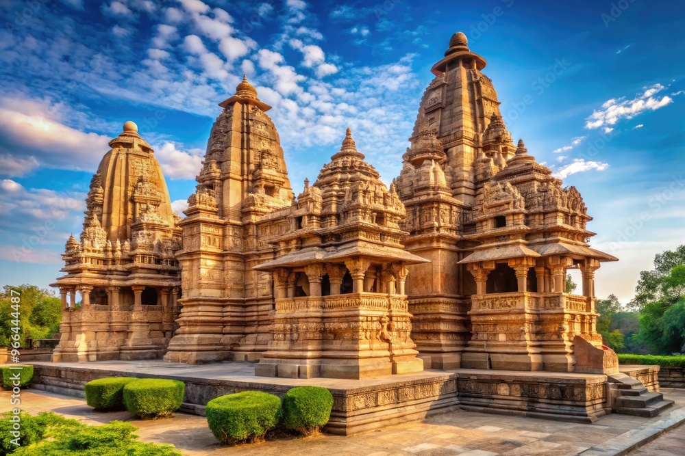 Intricately carved ancient temples stand majestically amidst lush green surroundings, showcasing impeccable Indian architecture and intricate stone sculptures in Khajuraho, Madhya Pradesh. Intricately carved ancient temples stand majestically amidst lush green surroundings, showcasing impeccable Indian architecture and intricate stone sculptures in Khajuraho, Madhya Pradesh.