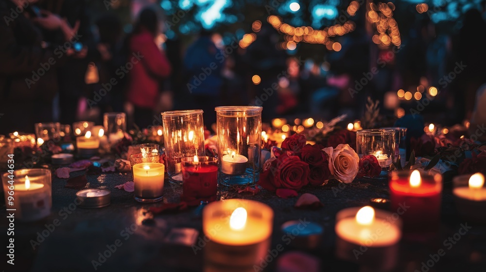 A table covered with burning candles and red rose petals with blurred background of unrecognizable people standing around it A table covered with burning candles and red rose petals with blurred background of unrecognizable people standing around it