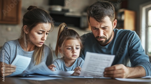 Concerned family gathered around kitchen table reviewing bills and finances while discussing their financial situation together