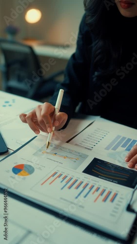 Businesswoman reviewing financial data while pointing at charts and graphs with a pen. Analyzing key metrics in an office setting, showcasing insights for strategic planning