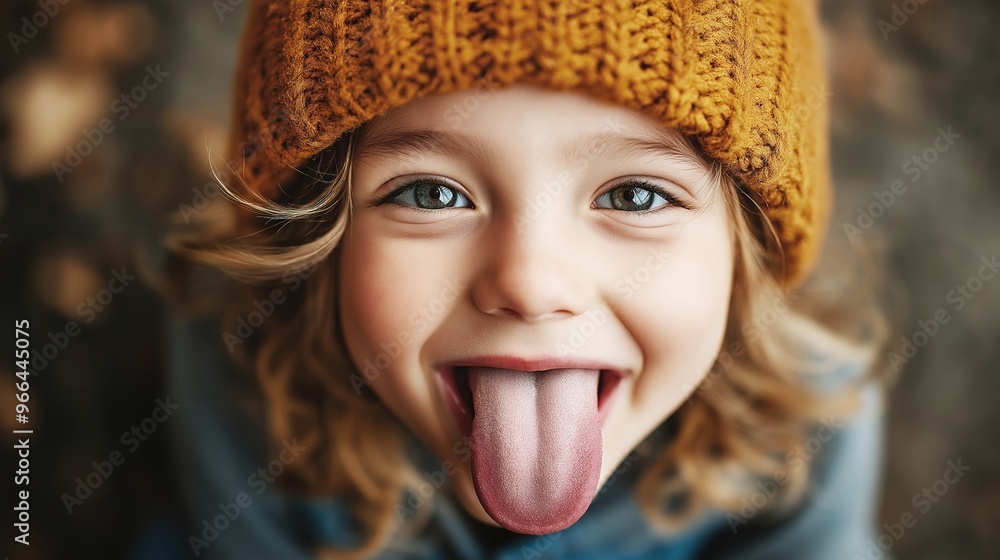 Delightful and Hilarious Expression of a Young Girl with Blonde Hair Sticking Her Tongue Out While Wearing a Brown Beanie Delightful and Hilarious Expression of a Young Girl with Blonde Hair Sticking Her Tongue Out While Wearing a Brown Beanie