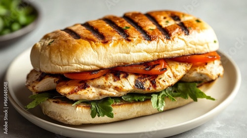 Juicy grilled chicken sandwich with fresh vegetables served in a crispy baguette photo