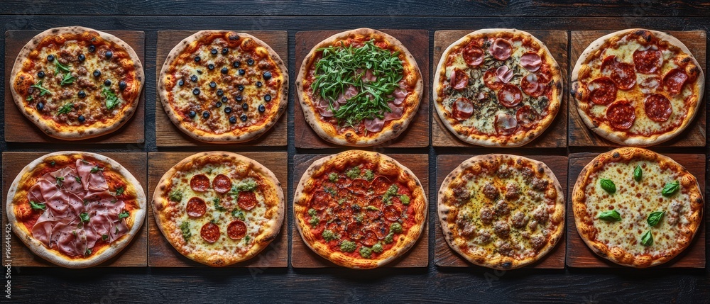Fototapeta premium A collage of different types and flavors of pizza. crisp crusts, one filled with mozzarella cheese, another topped with green salad leaves, and fresh vegetables and meat.