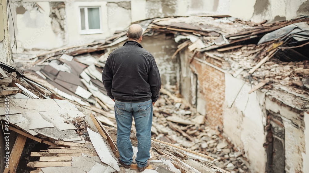 Man standing on a pile of rubble looking at the destruction caused by an earthquake or natural disaster Man standing on a pile of rubble looking at the destruction caused by an earthquake or natural disaster