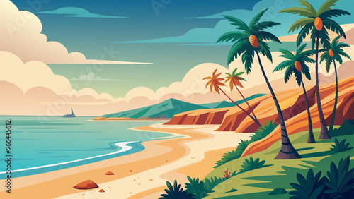 Sea cost beach with palm trees