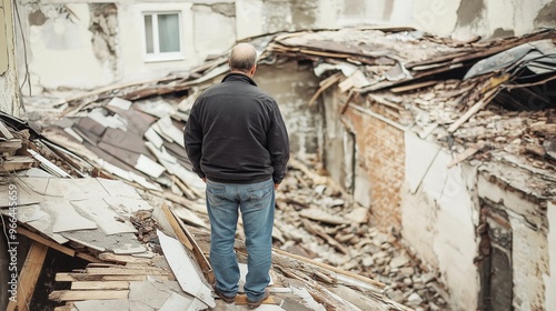 Man standing on a pile of rubble looking at the destruction caused by an earthquake or natural disaster