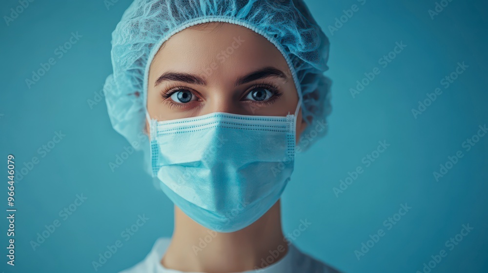 Healthcare worker in surgical mask and cap against a blue background Healthcare worker in surgical mask and cap against a blue background