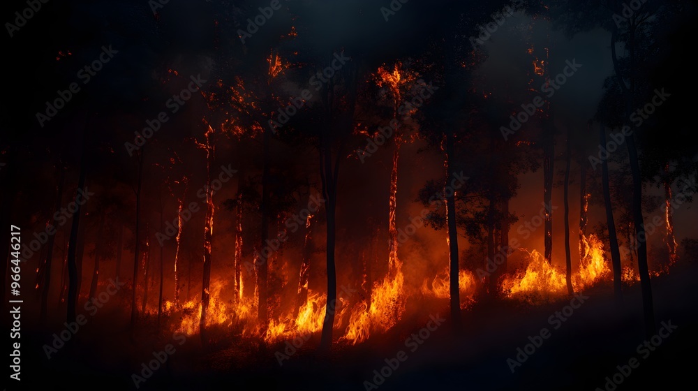 Dramatic Nighttime Forest Fire Blazing Through Trees at Night with Intense Orange Flames and Smoke in Dark Woodland Dramatic Nighttime Forest Fire Blazing Through Trees at Night with Intense Orange Flames and Smoke in Dark Woodland
