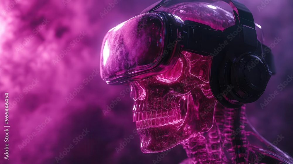 futuristic vr headset engulfs translucent human skull pulsating with neon energy vivid purple backdrop creates surreal technoorganic atmosphere futuristic vr headset engulfs translucent human skull pulsating with neon energy vivid purple backdrop creates surreal technoorganic atmosphere